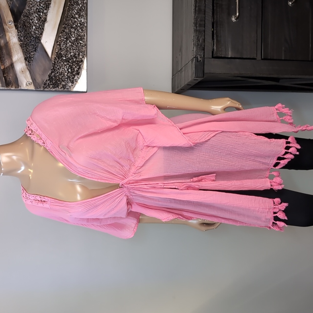 Charlie Paige Pink Tassel Swim Cover Up Womens One Size Boho Crochet Kaftan - Picture 3 of 13